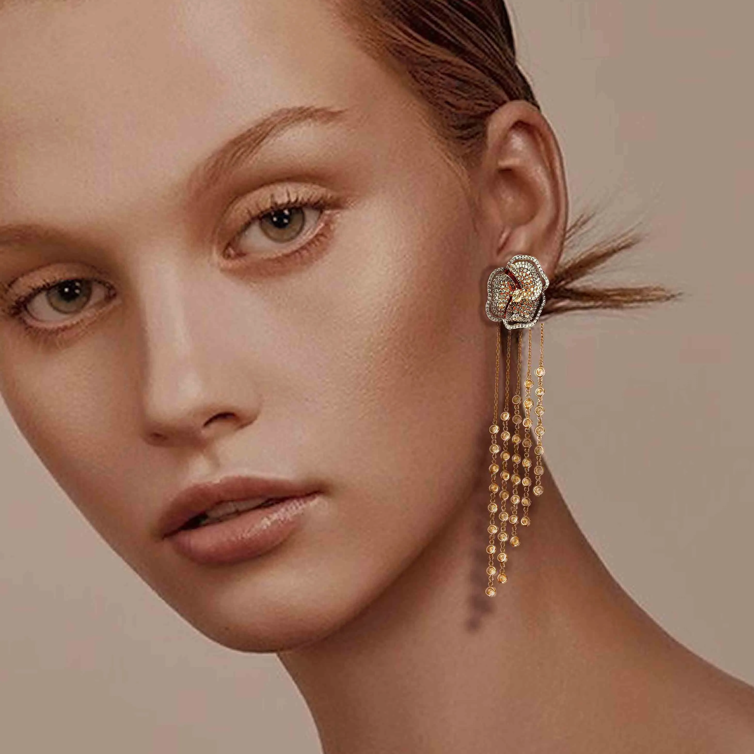 Bloom Medium Flower Halo White Diamonds Long Earrings