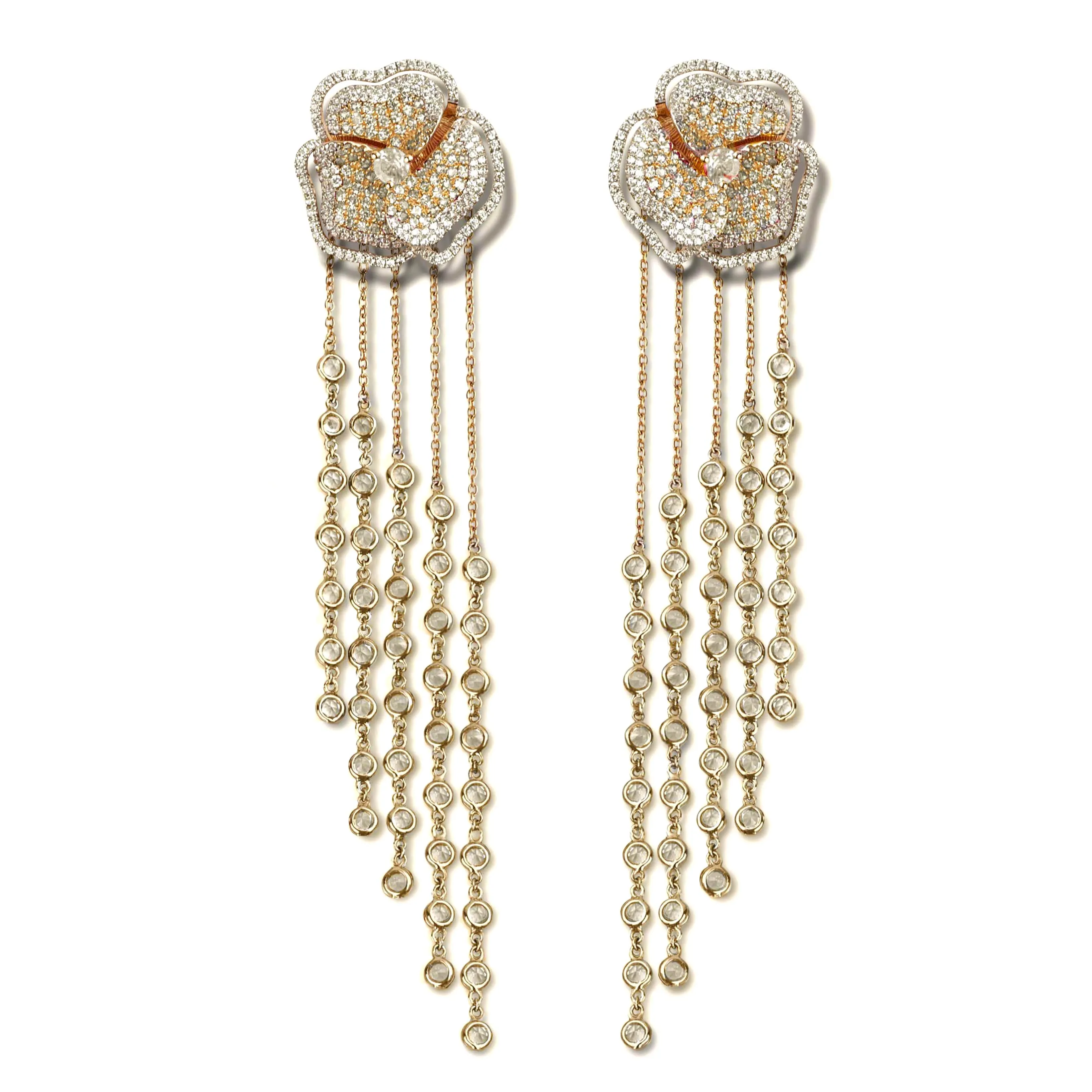 Bloom Medium Flower Halo White Diamonds Long Earrings