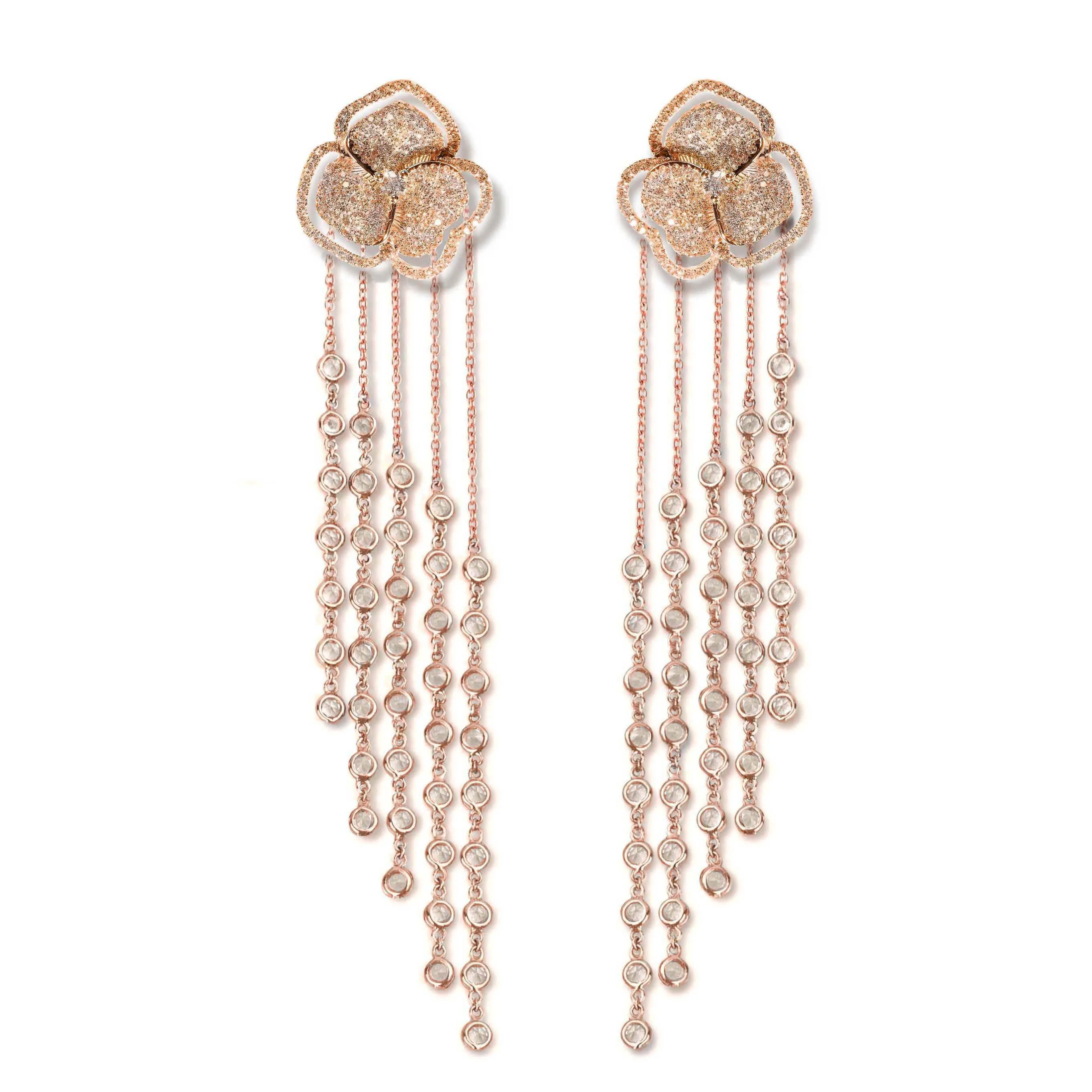 Bloom Small Flower Halo White Diamonds Long Earrings