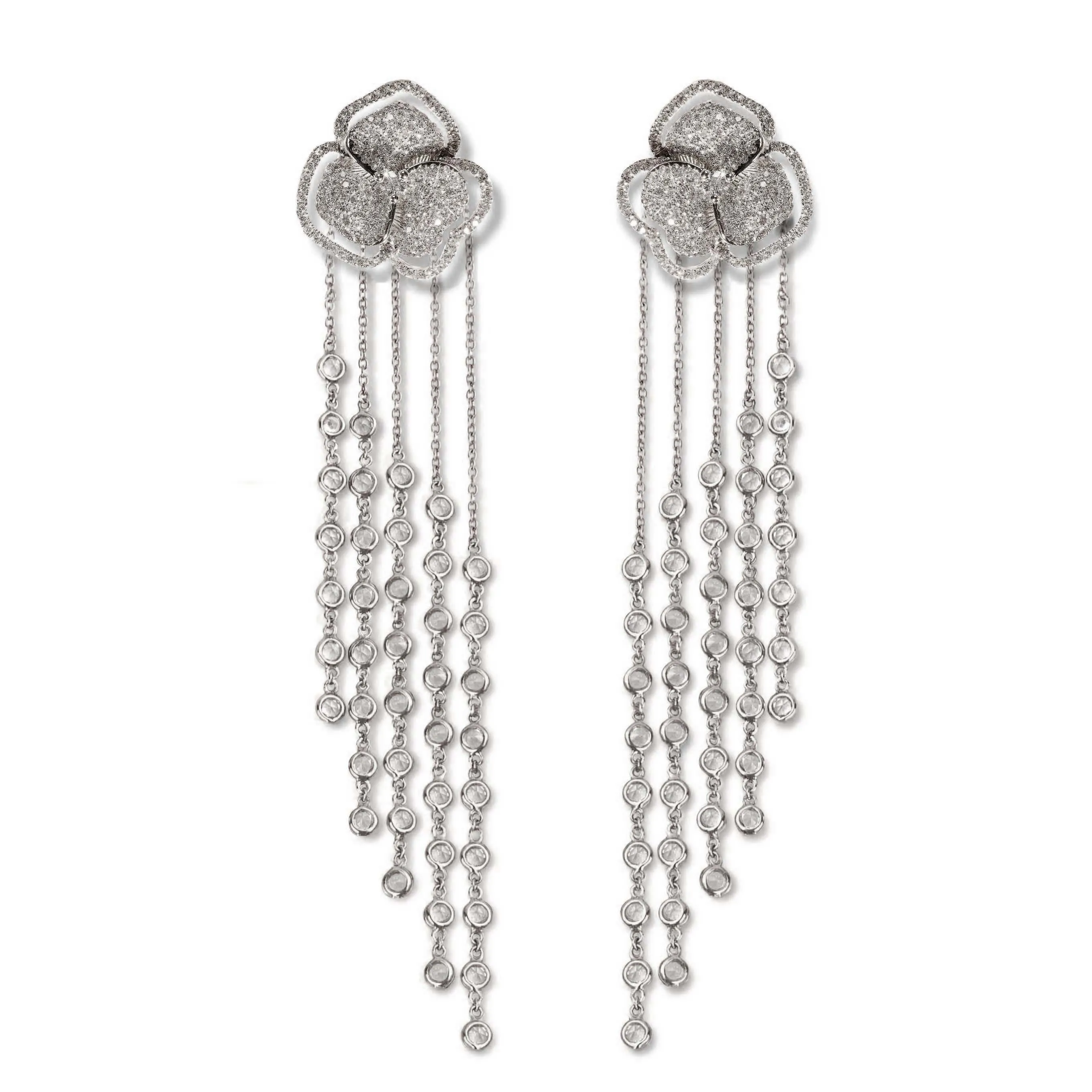 Bloom Small Flower Halo White Diamonds Long Earrings