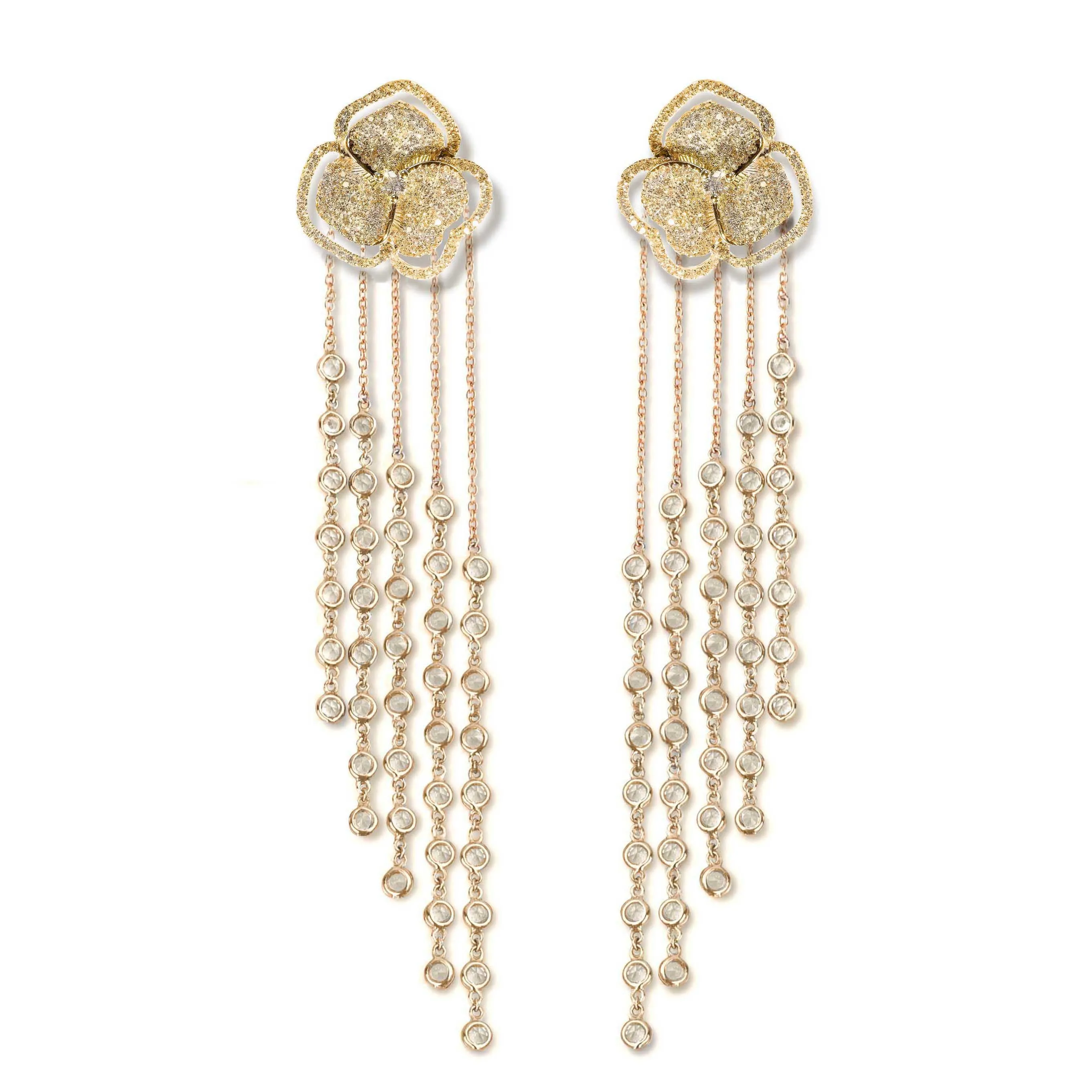 Bloom Small Flower Halo White Diamonds Long Earrings