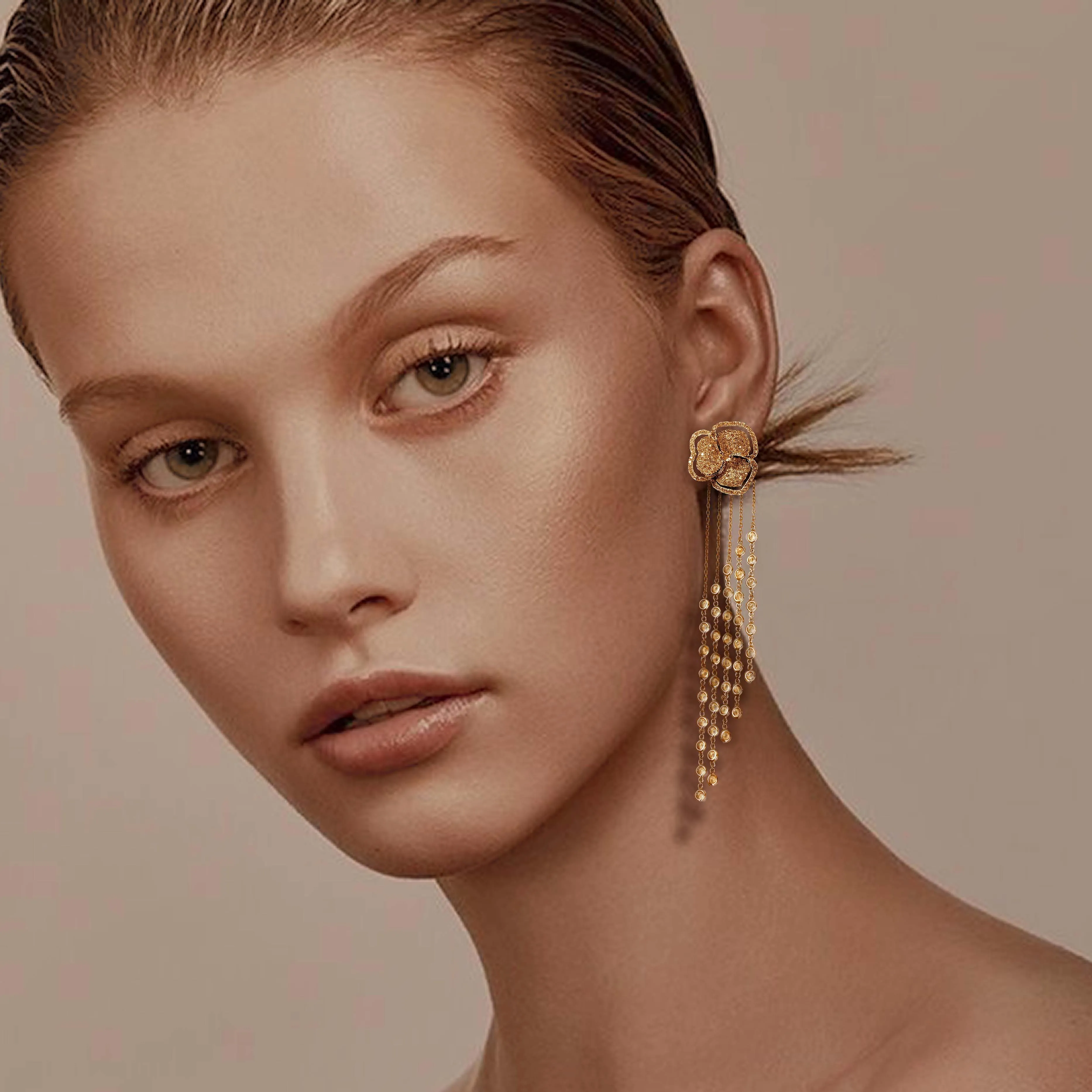 Bloom Small Flower Halo White Diamonds Long Earrings