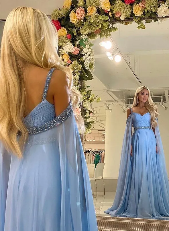 Blue A Line Beading Evening Dresses Chiffon Long Prom Dresses