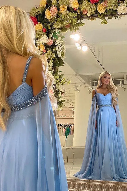Blue A Line Beading Evening Dresses Chiffon Long Prom Dresses