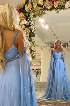 Blue A Line Beading Evening Dresses Chiffon Long Prom Dresses