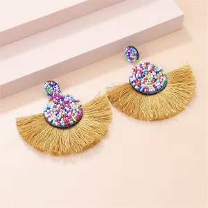 Blue & Yellow Beaded Fan Tassel Drop Earrings