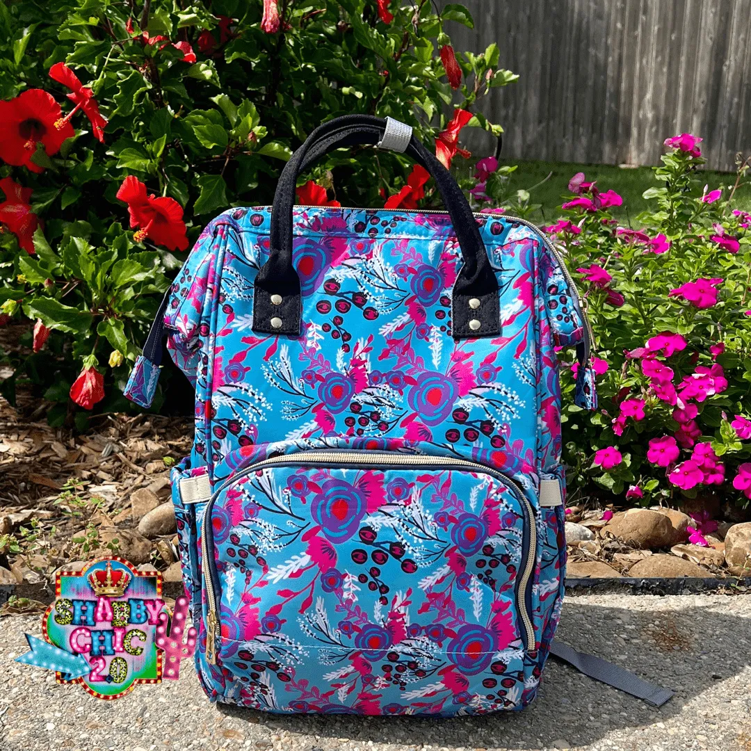 Blue and Pink Floral Diaper Bag Backpack