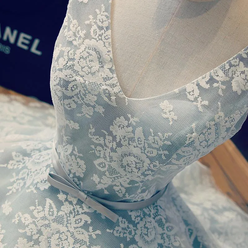 Blue Lace Homecoming Dress Sexy V-neck Bowknot Short Prom Dress Party Dress OHM173