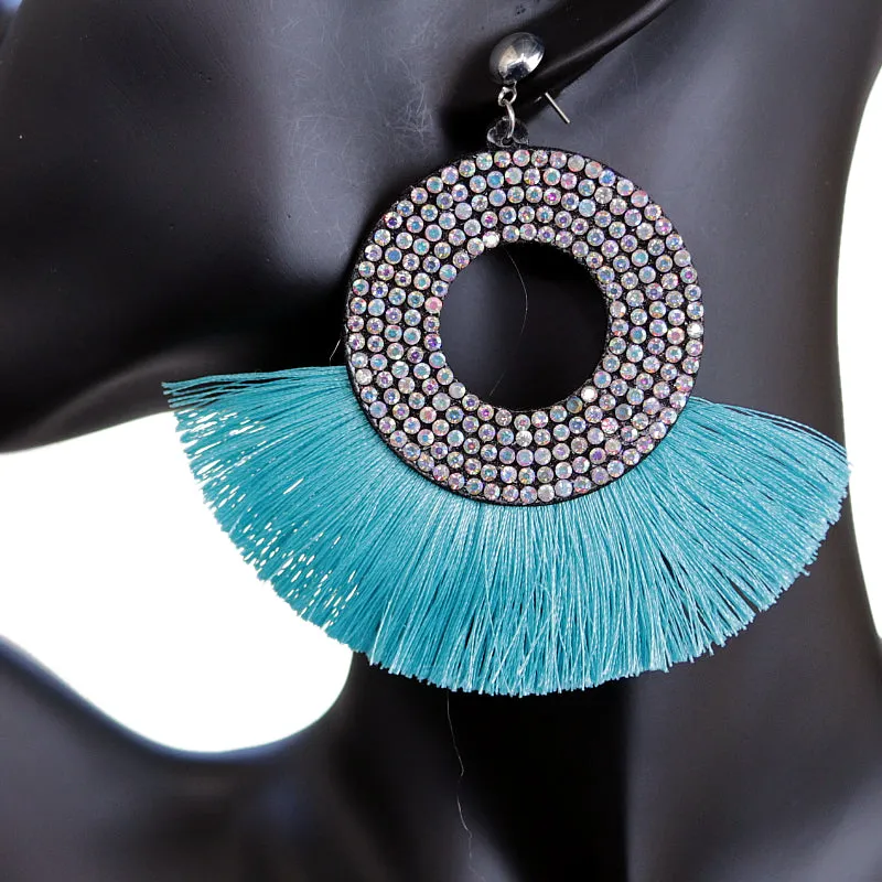 Blue Large Tassel Fan Rhinestone Earrings