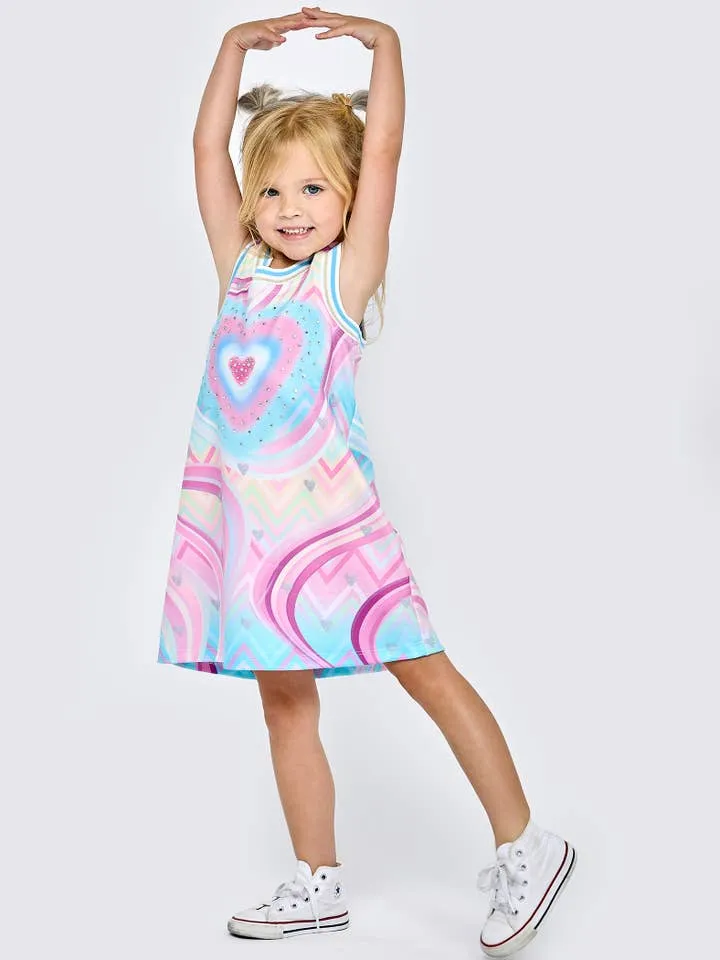 Blue Multi A-Line Heart Print Dress w/Rhinestones