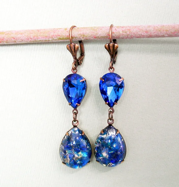 Blue Opal Drop and Blue Sapphire Dangle Earrings, Opal Earrings, Crystal Earrings