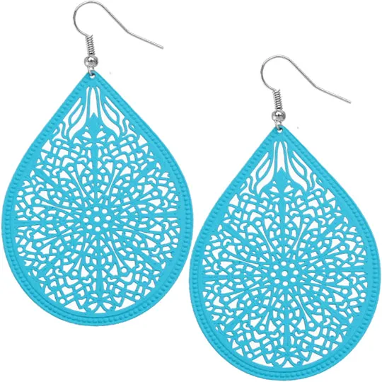 Blue Pear Shaped Filigree Drop Earrings