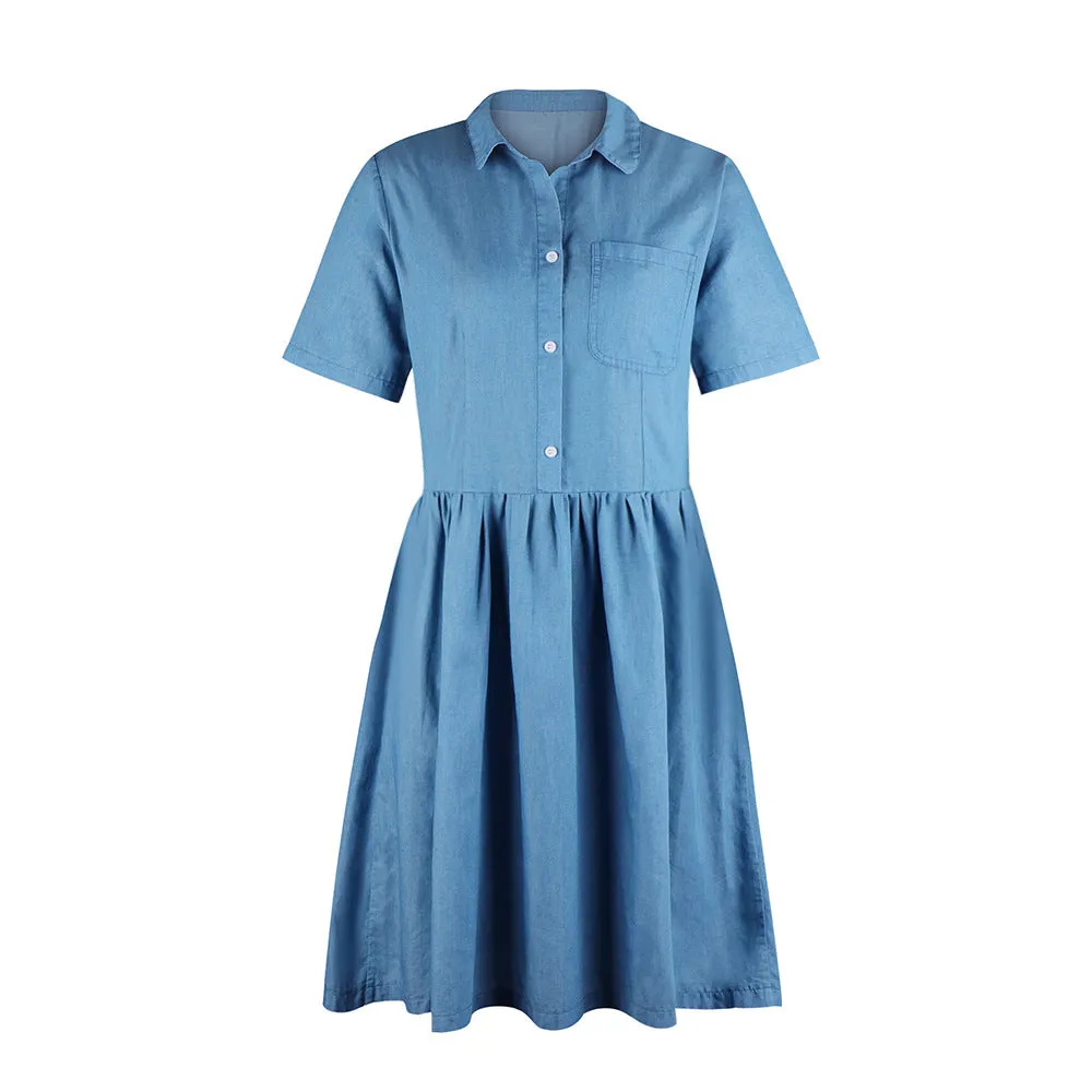 Blue Single-breasted Casual Denim Midi Dress
