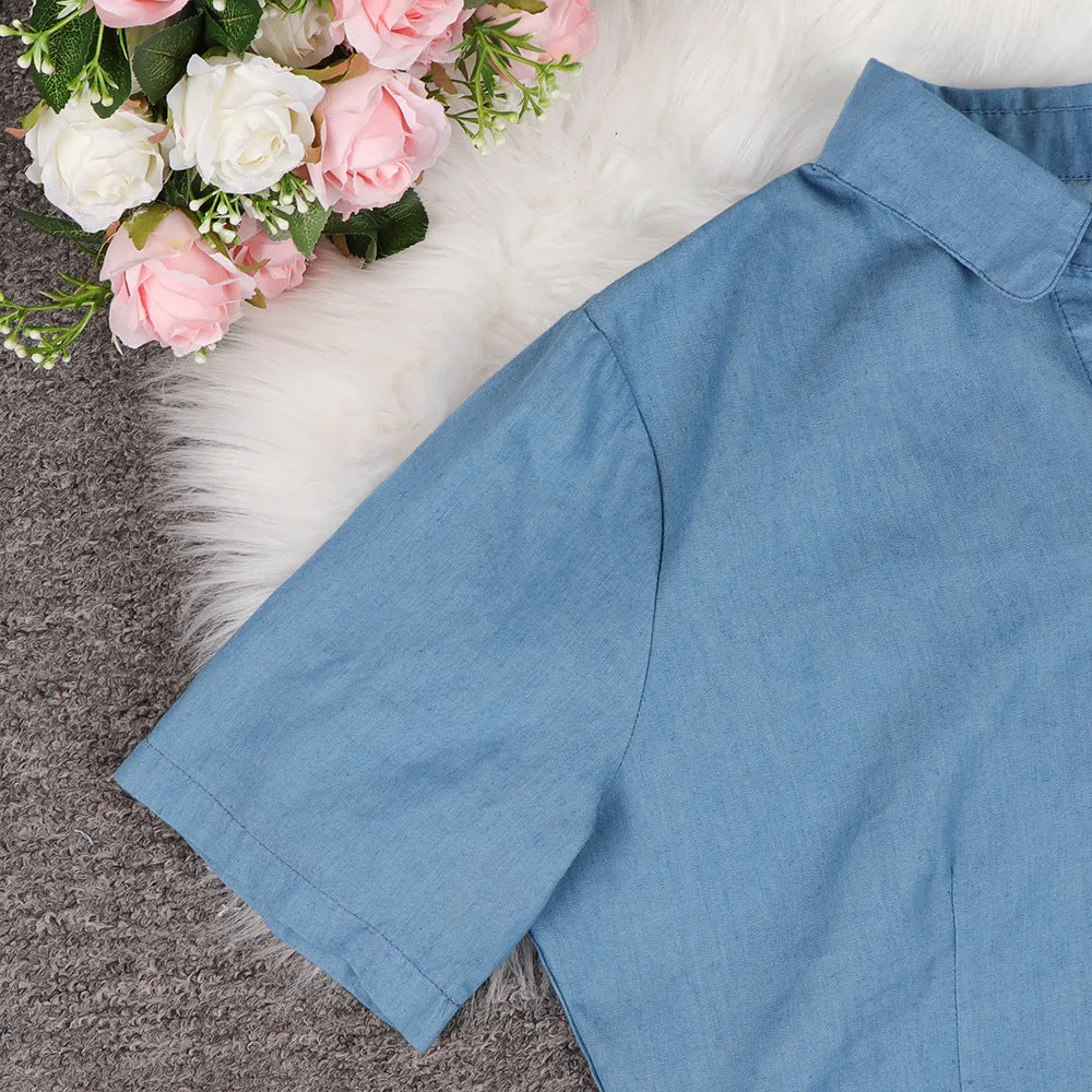 Blue Single-breasted Casual Denim Midi Dress