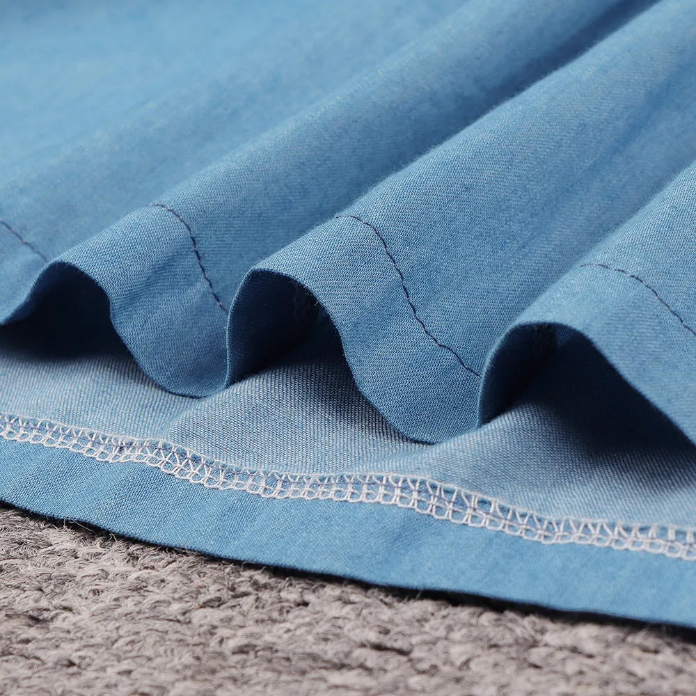 Blue Single-breasted Casual Denim Midi Dress