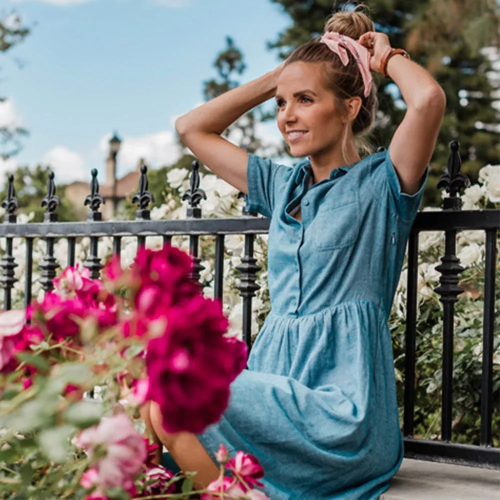 Blue Single-breasted Casual Denim Midi Dress