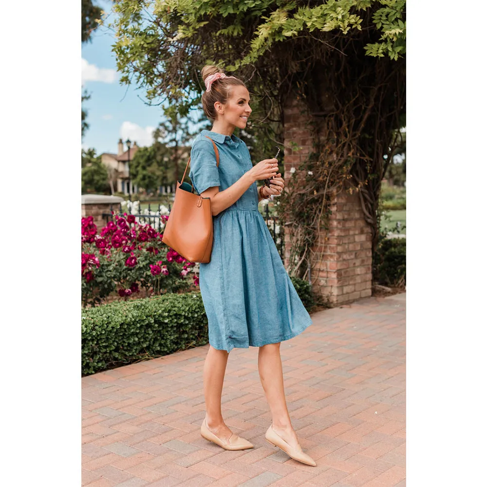 Blue Single-breasted Casual Denim Midi Dress