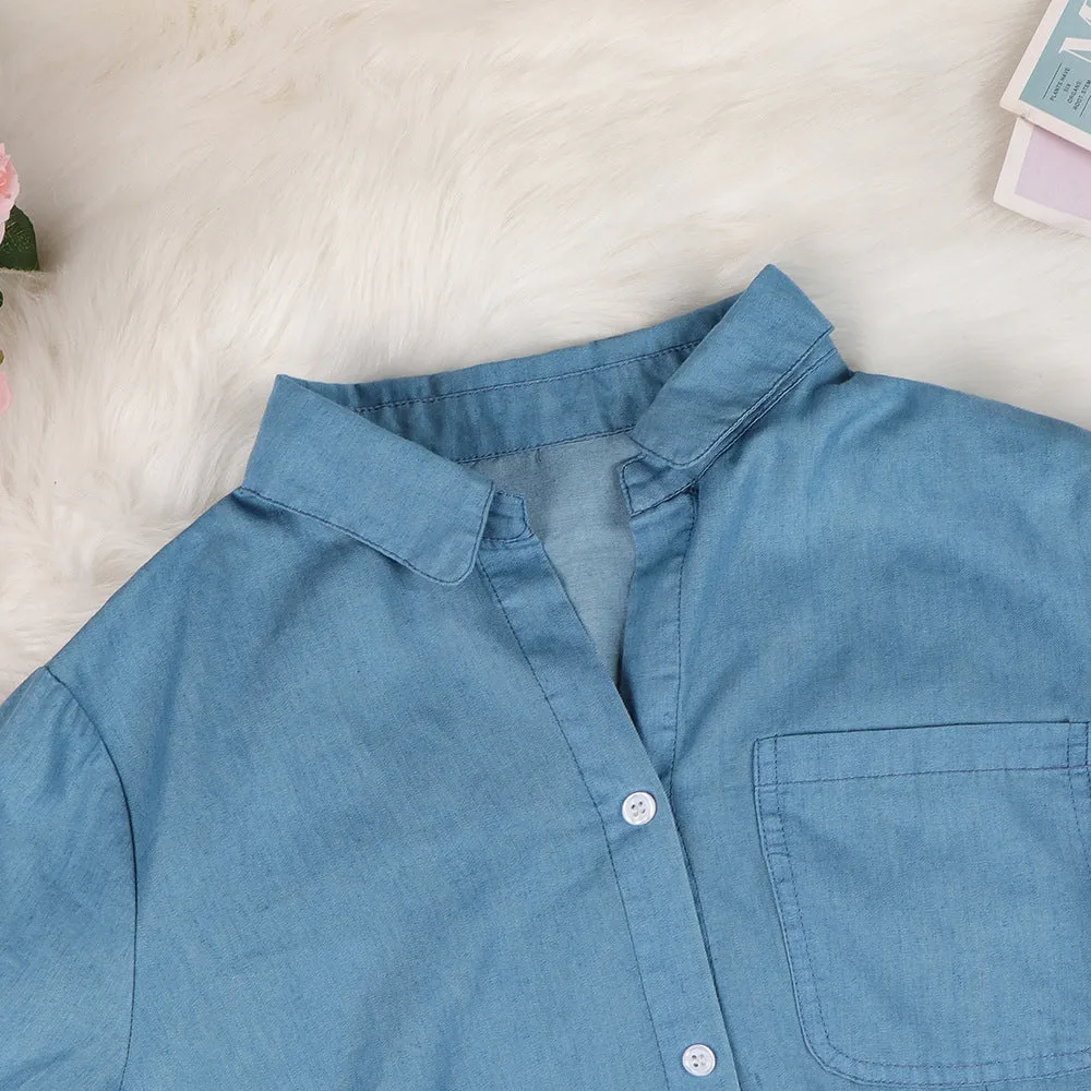 Blue Single-breasted Casual Denim Midi Dress