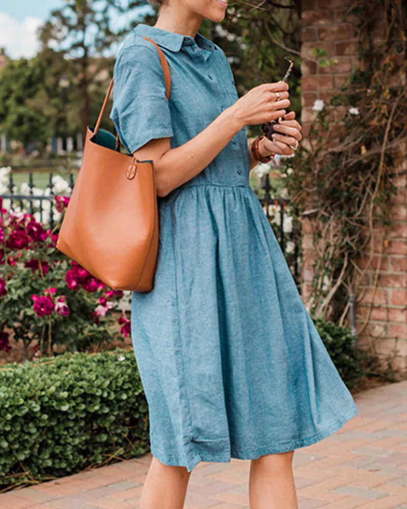 Blue Single-breasted Casual Denim Midi Dress