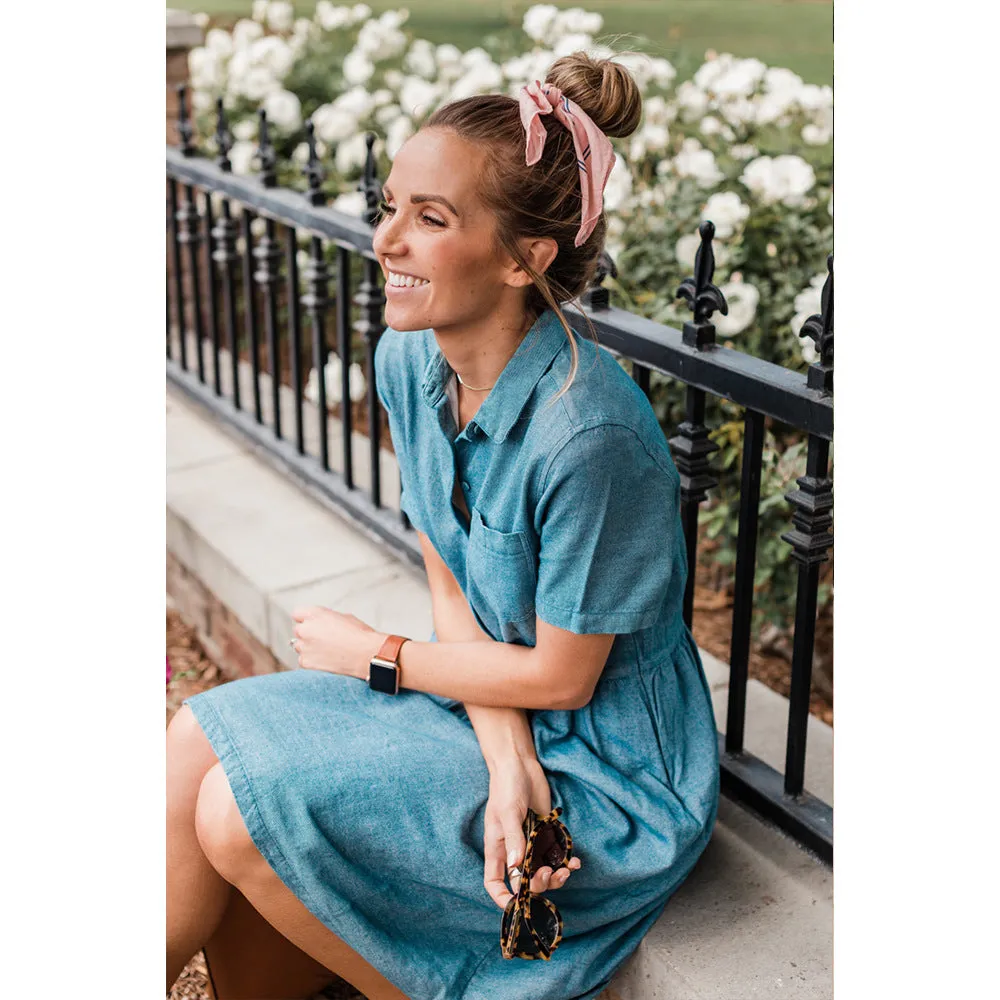 Blue Single-breasted Casual Denim Midi Dress
