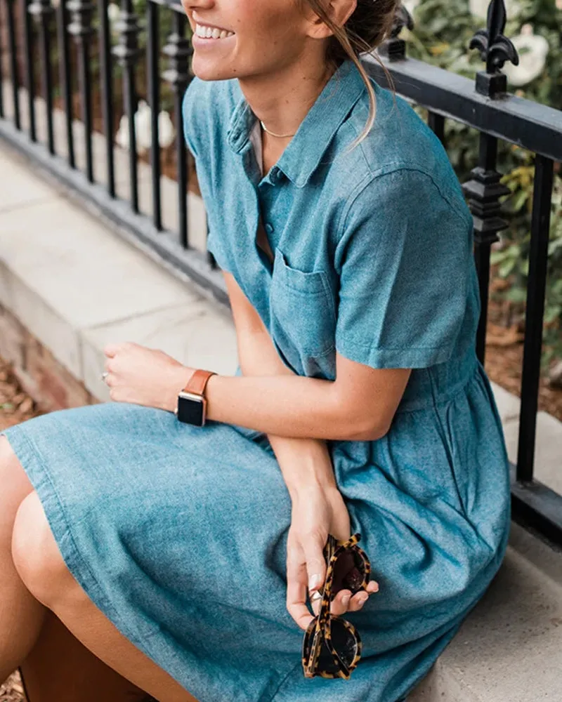 Blue Single-breasted Casual Denim Midi Dress