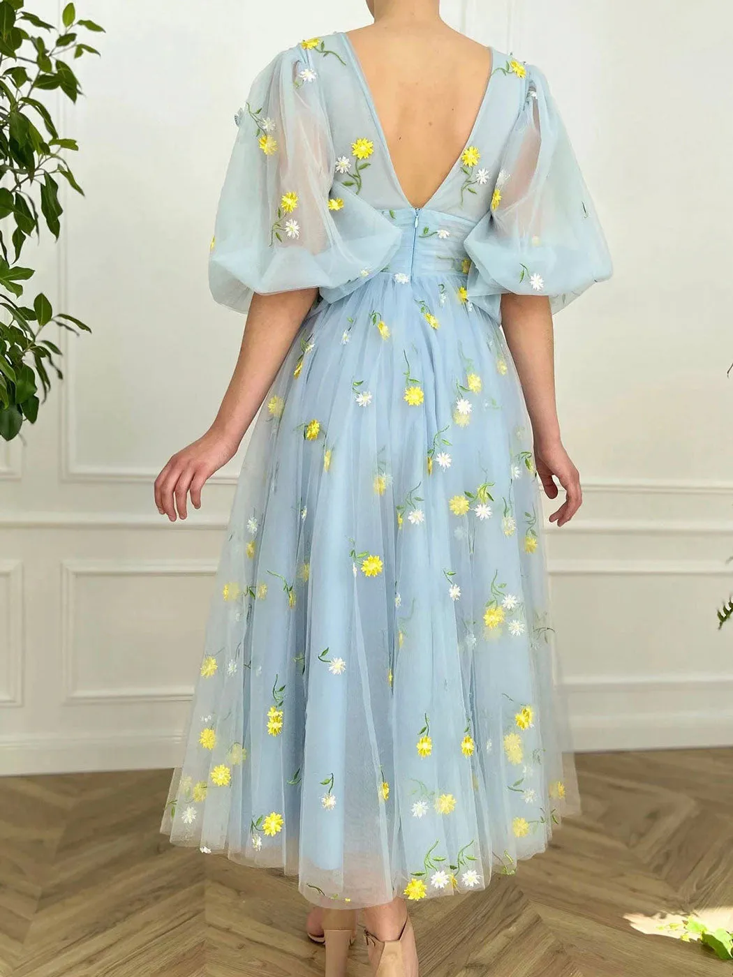 Blue v neck tulle tea length prom dress blue tulle formal dress
