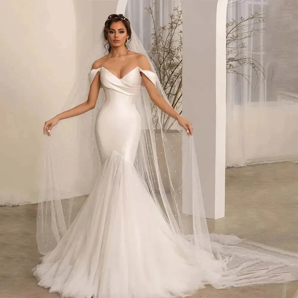 Bohemian Wedding Dresses Fashion A-Line Beautiful Satin Mermaid Off Shoulder Mopping Bride Gowns Sexy Backless Sleeveless