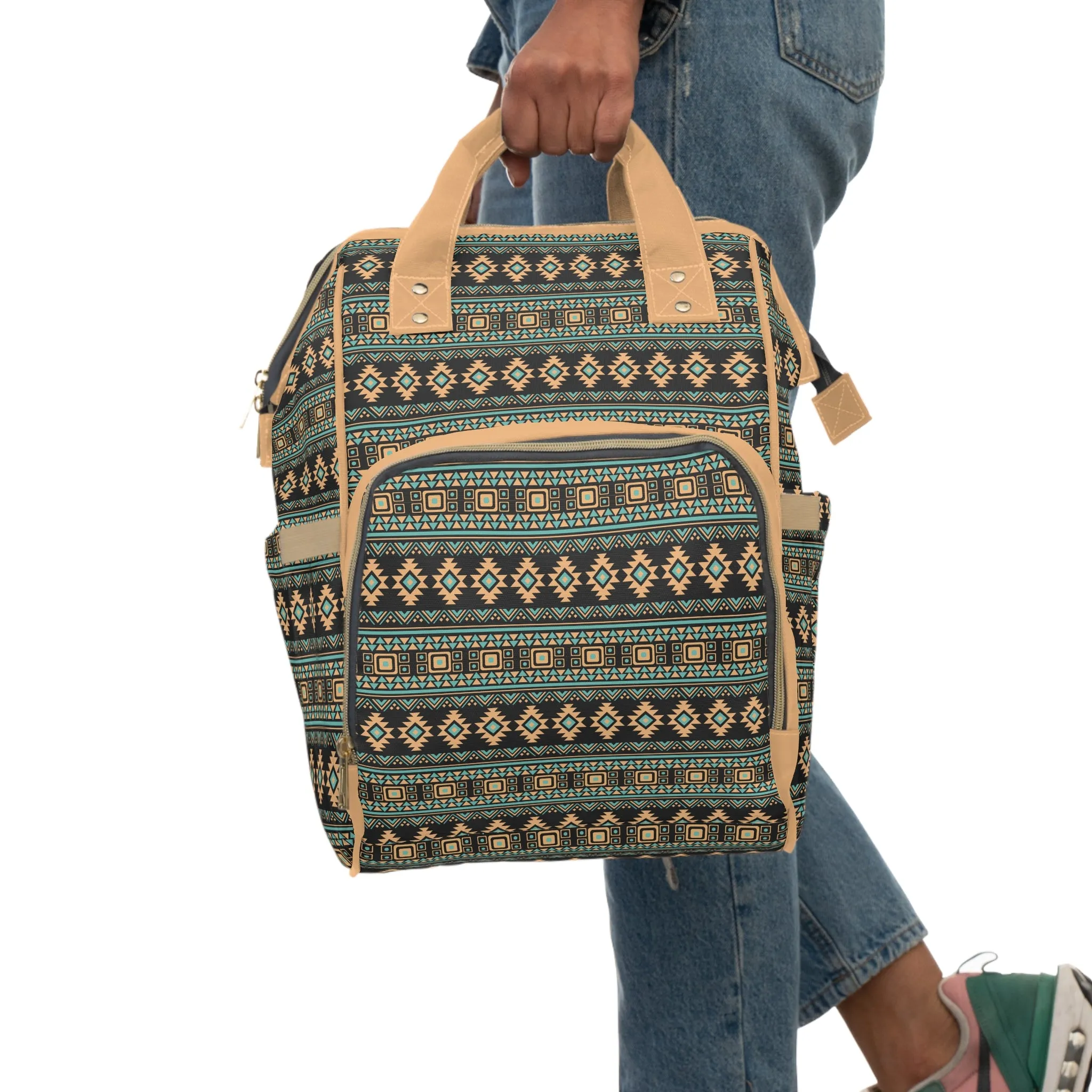 Boho-Chic Aztec Diaper Backpack - Multifunctional & Durable Nylon Changing Bag with Tribal Patterns, Spacious & Organized for Modern Parents