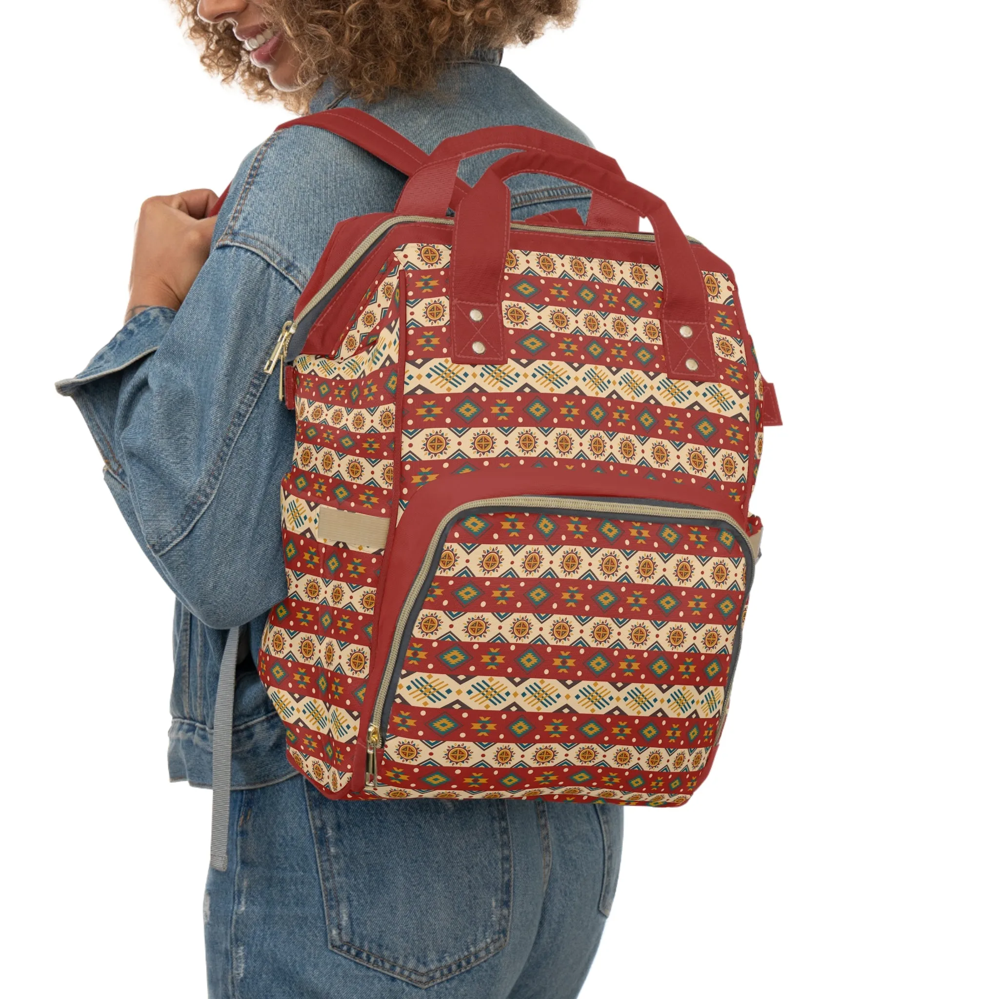 Boho-Chic Aztec Diaper Backpack - Multifunctional & Durable Nylon Changing Bag with Tribal Patterns, Spacious & Organized for Modern Parents