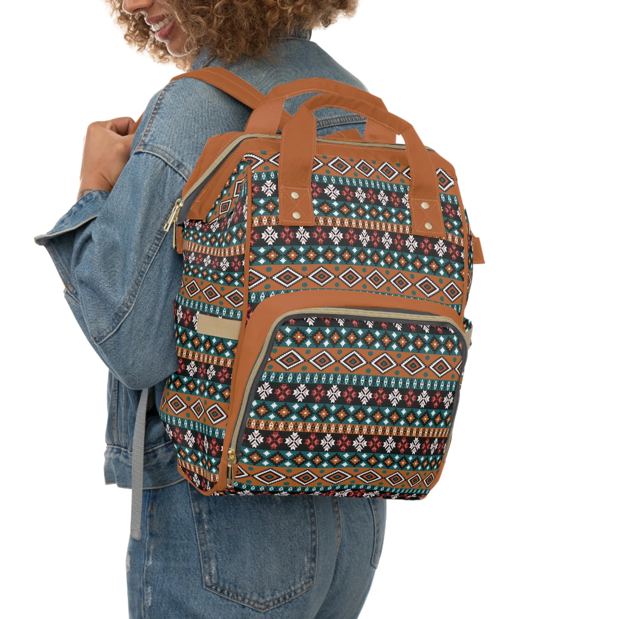Boho-Chic Aztec Diaper Backpack - Multifunctional & Durable Nylon Changing Bag with Tribal Patterns, Spacious & Organized for Modern Parents