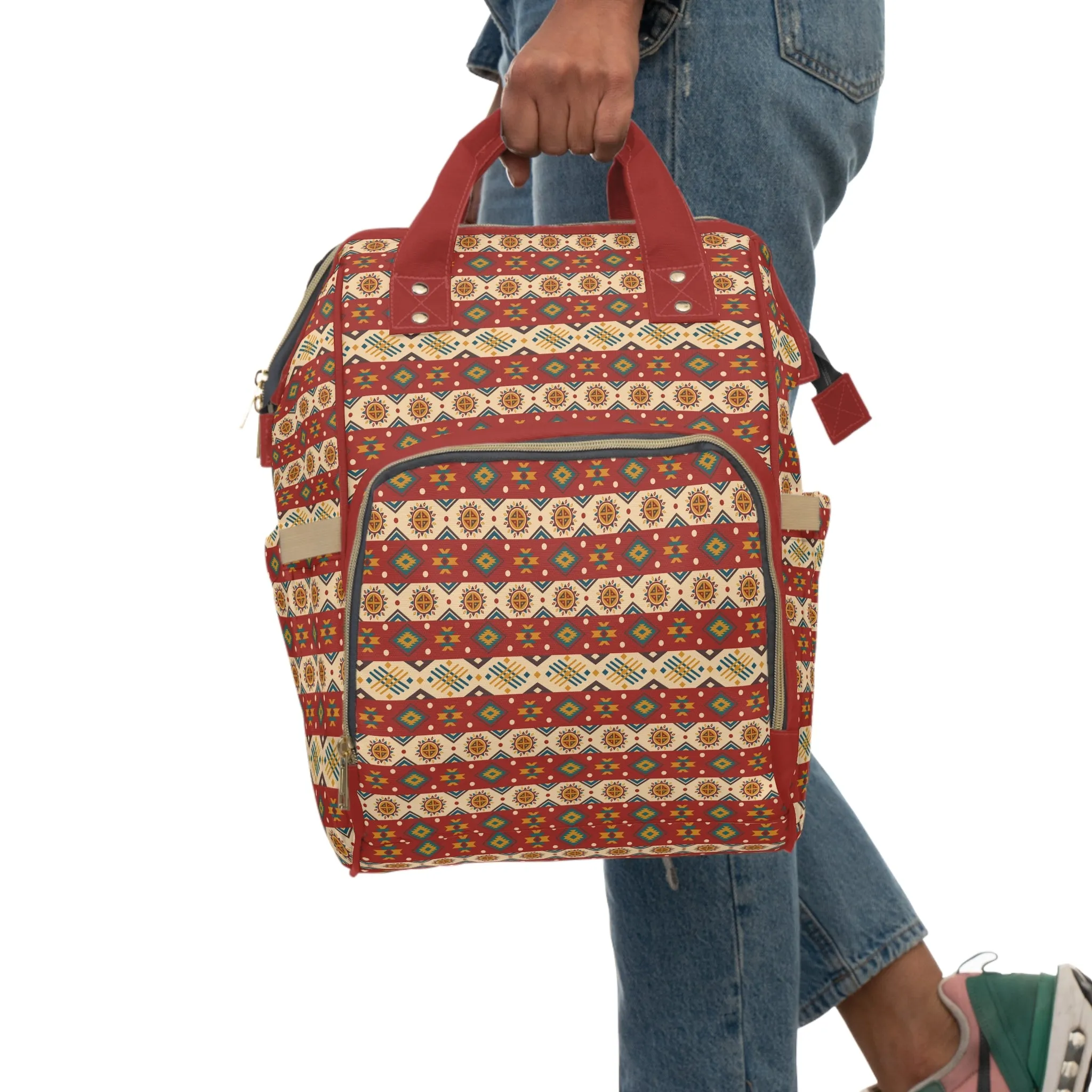 Boho-Chic Aztec Diaper Backpack - Multifunctional & Durable Nylon Changing Bag with Tribal Patterns, Spacious & Organized for Modern Parents