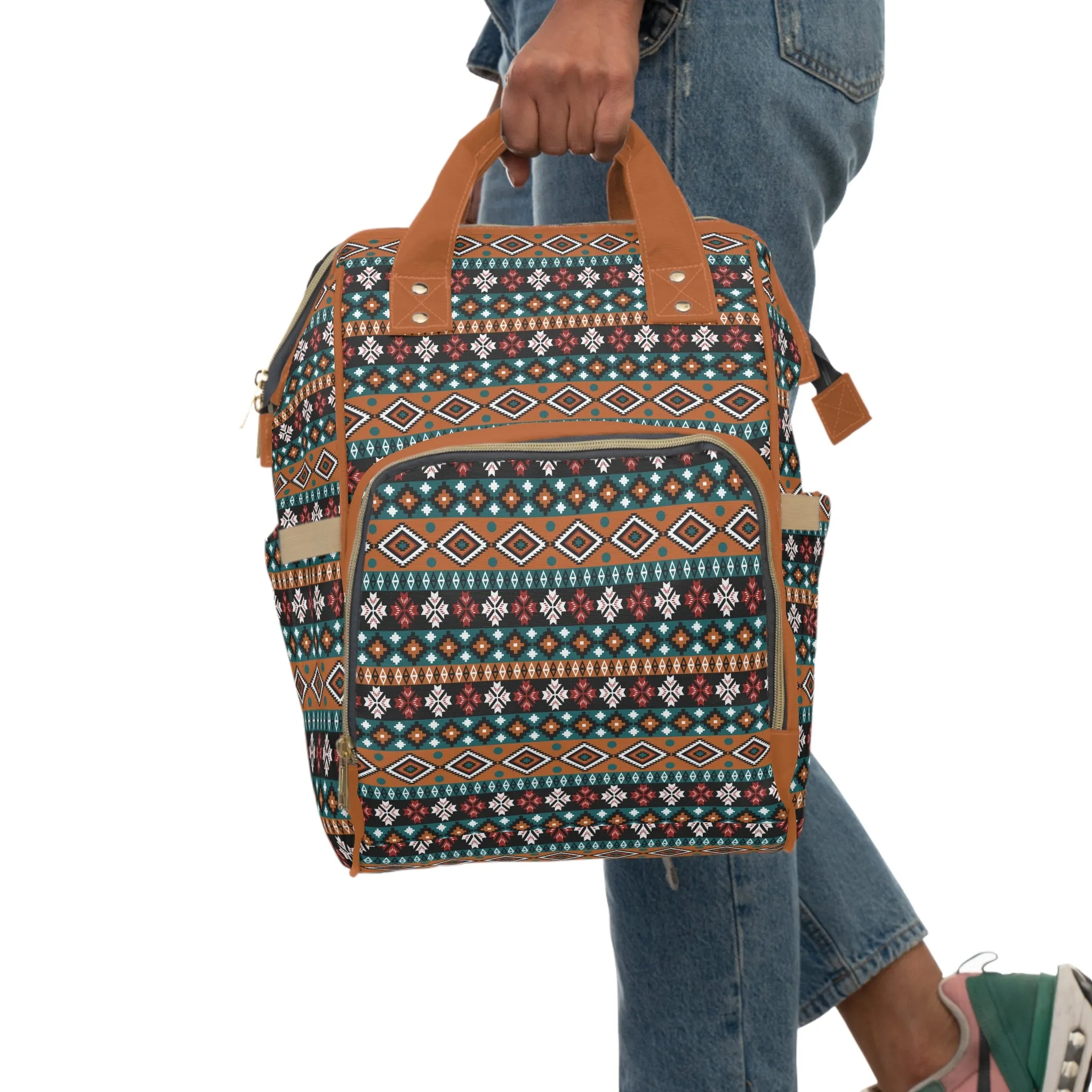 Boho-Chic Aztec Diaper Backpack - Multifunctional & Durable Nylon Changing Bag with Tribal Patterns, Spacious & Organized for Modern Parents