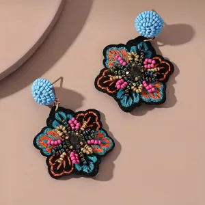 Boho Embroidered Flower Beaded Dangle Earrings