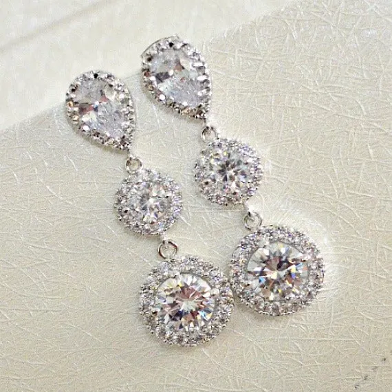 Bridal Earrings. Halo Clear Long Cubic Zirconia Drop Post Earrings. Bridal Drop Dangle Earrings. Bridesmaid Earrings. Wedding Earrings