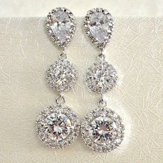 Bridal Earrings. Halo Clear Long Cubic Zirconia Drop Post Earrings. Bridal Drop Dangle Earrings. Bridesmaid Earrings. Wedding Earrings