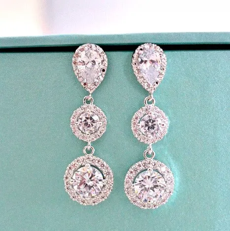 Bridal Earrings. Halo Clear Long Cubic Zirconia Drop Post Earrings. Bridal Drop Dangle Earrings. Bridesmaid Earrings. Wedding Earrings