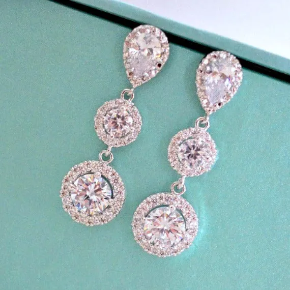 Bridal Earrings. Halo Clear Long Cubic Zirconia Drop Post Earrings. Bridal Drop Dangle Earrings. Bridesmaid Earrings. Wedding Earrings