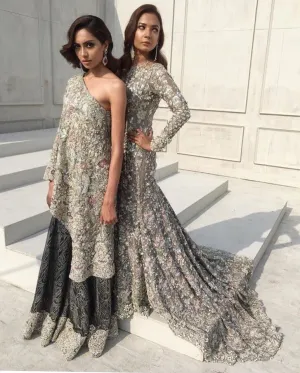 Bridal tail maxi with dabka pearls sequance and threads work color gray and silver Model # B 194