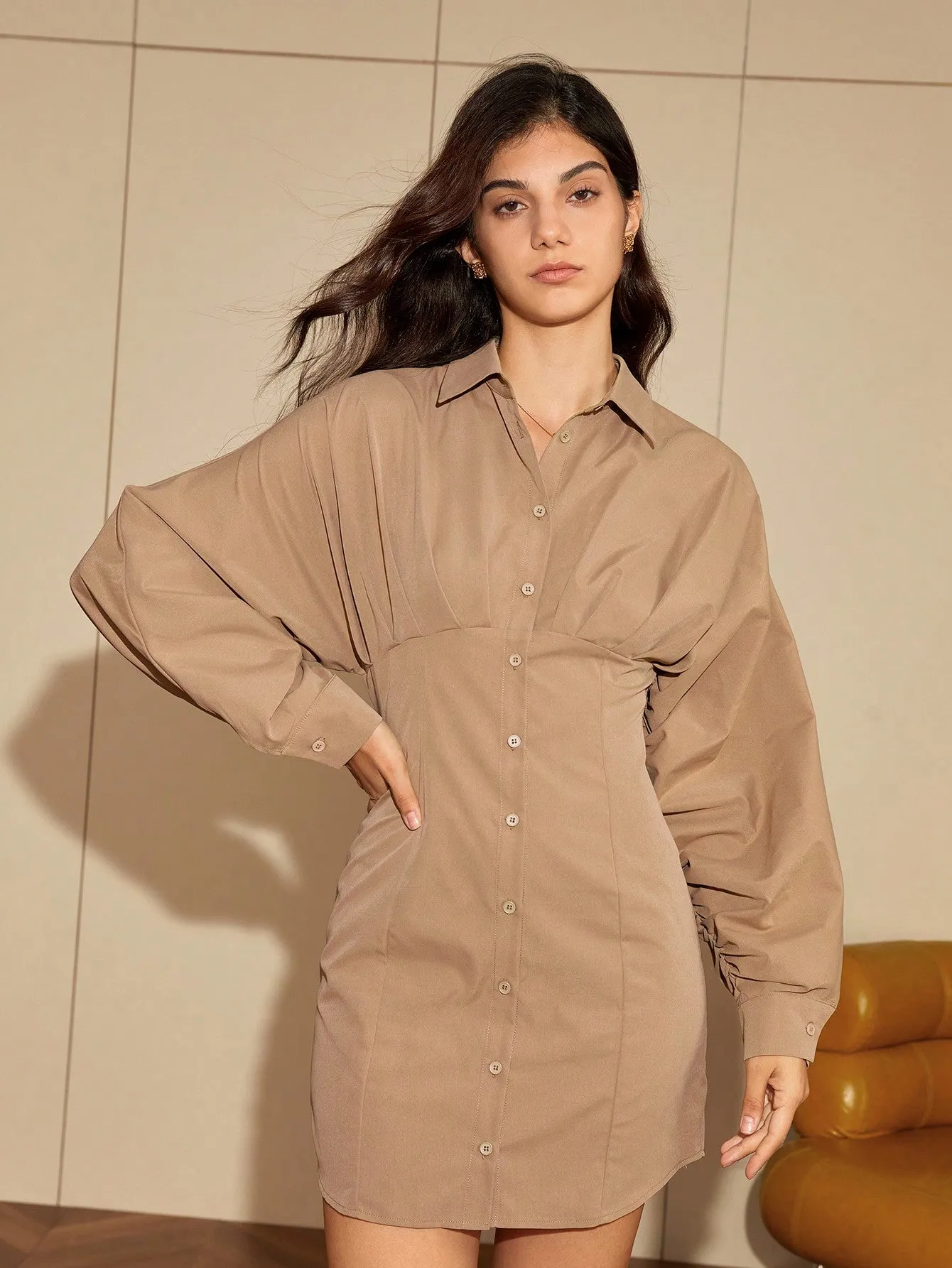 Brown Full Sleeve Flared Mini Shirt Dress