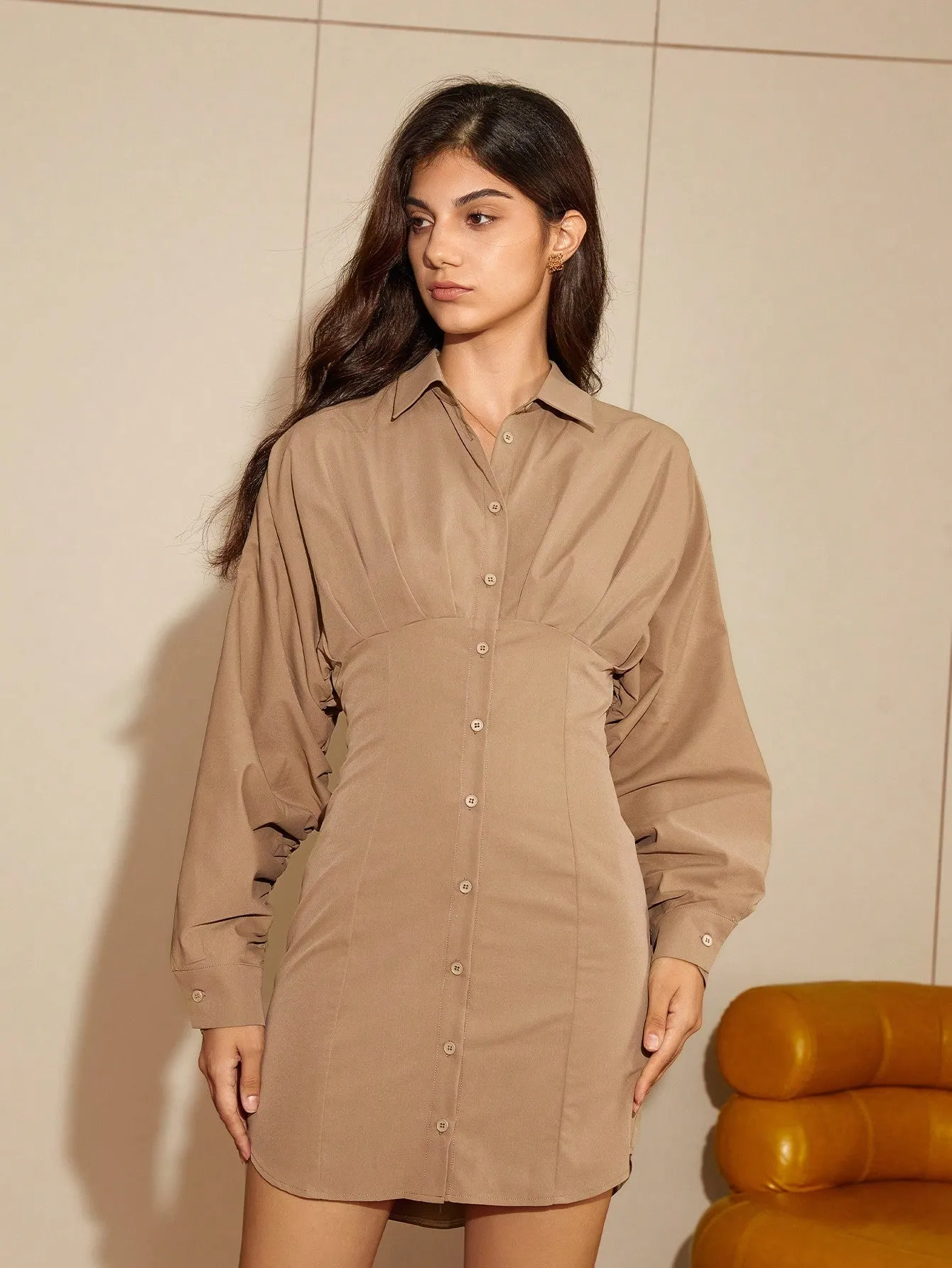 Brown Full Sleeve Flared Mini Shirt Dress
