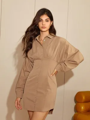 Brown Full Sleeve Flared Mini Shirt Dress