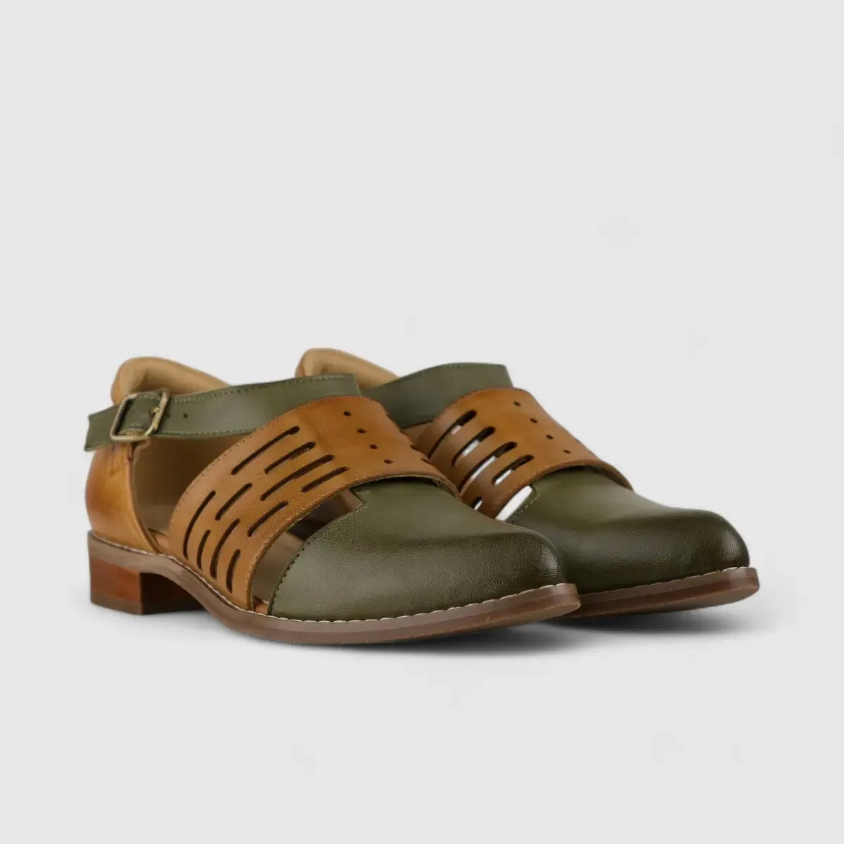 Bulbul Leather Block Heel Olive/Brown 4788-34