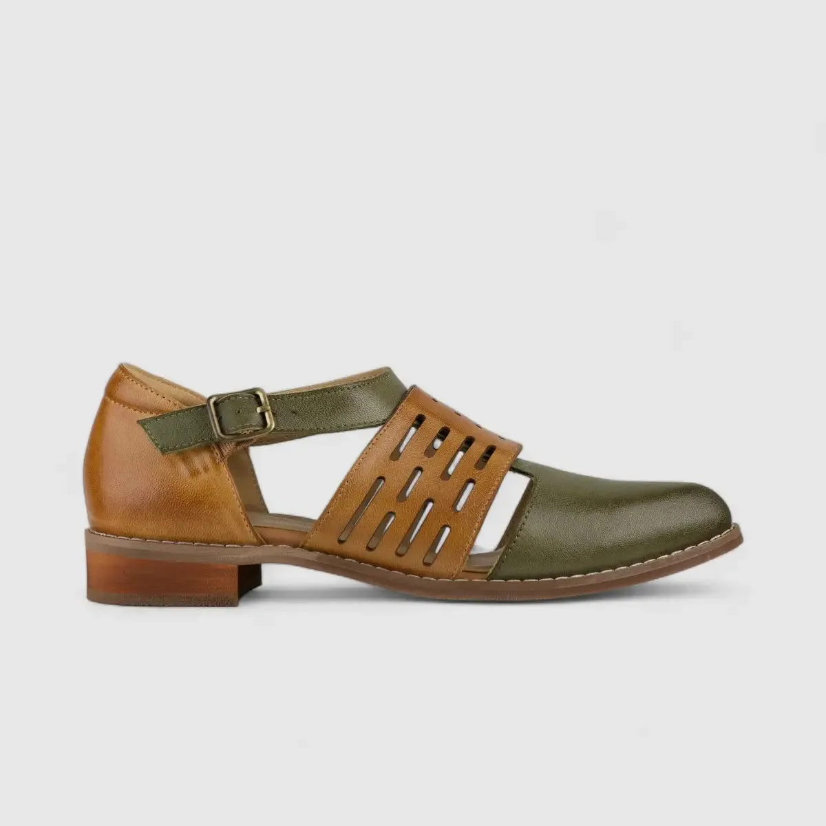 Bulbul Leather Block Heel Olive/Brown 4788-34