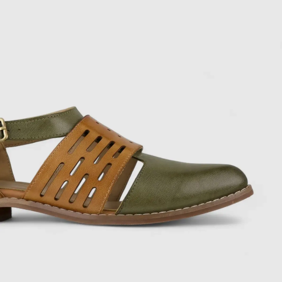 Bulbul Leather Block Heel Olive/Brown 4788-34