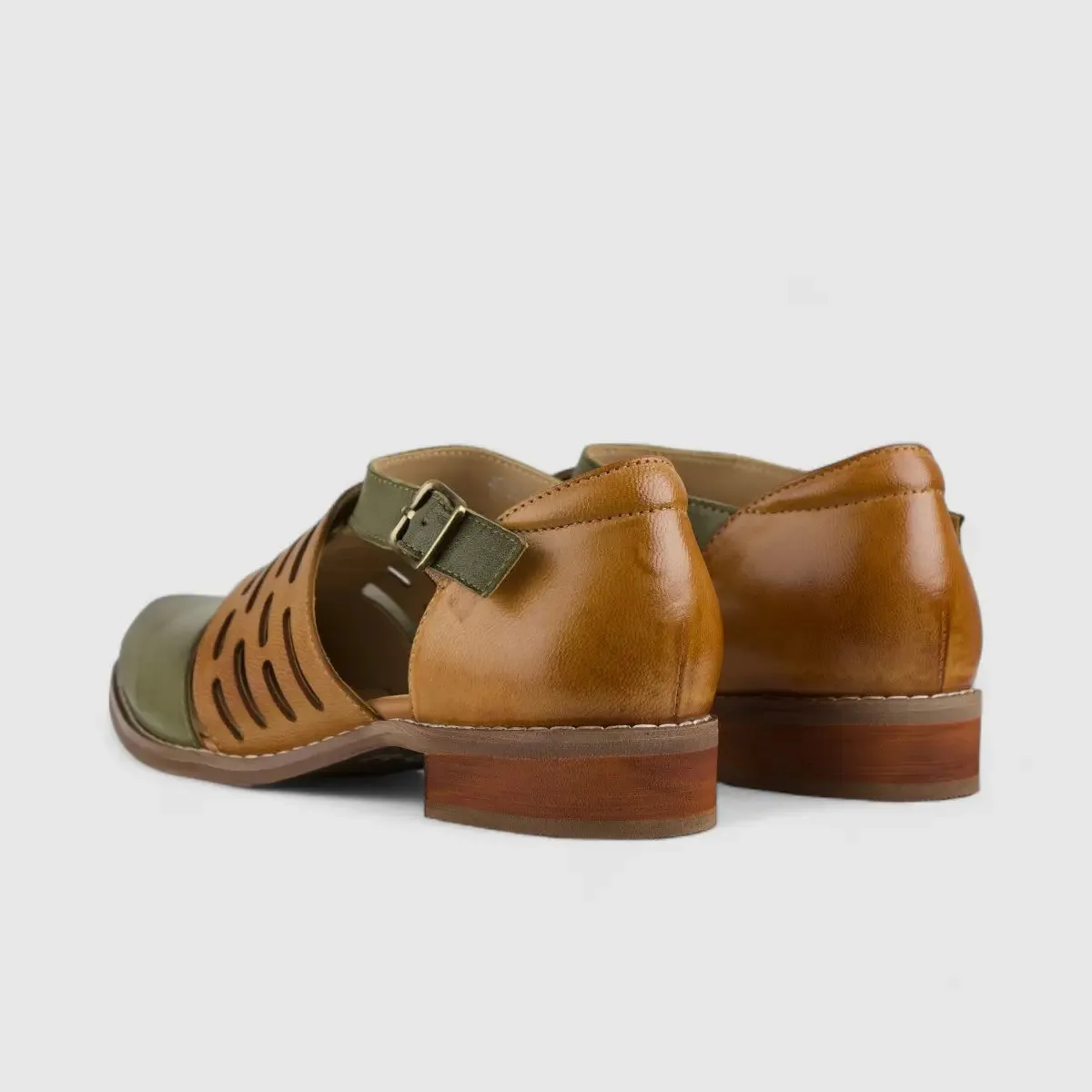Bulbul Leather Block Heel Olive/Brown 4788-34