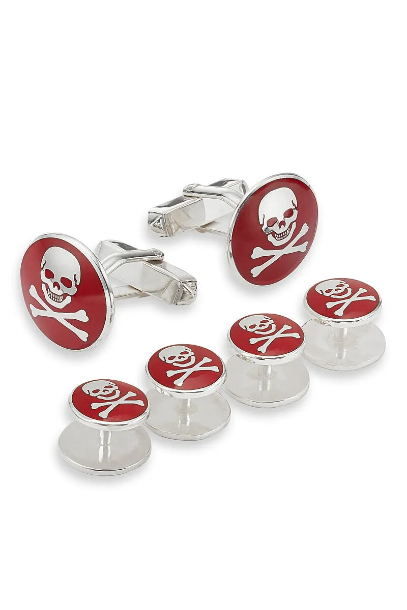 Burgundy Skull & Crossbones Sterling Silver Cufflinks & Stud Set