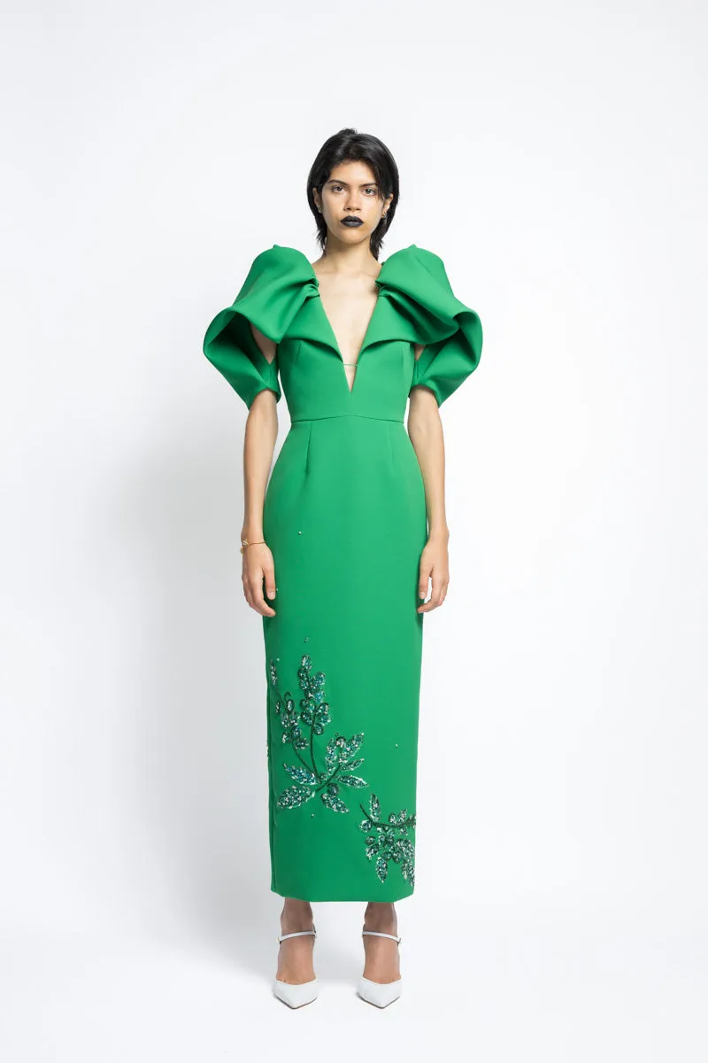 Cady Bay Leaf Sequin Embroidery Cocktail Dress With Draped Petal Sleeves