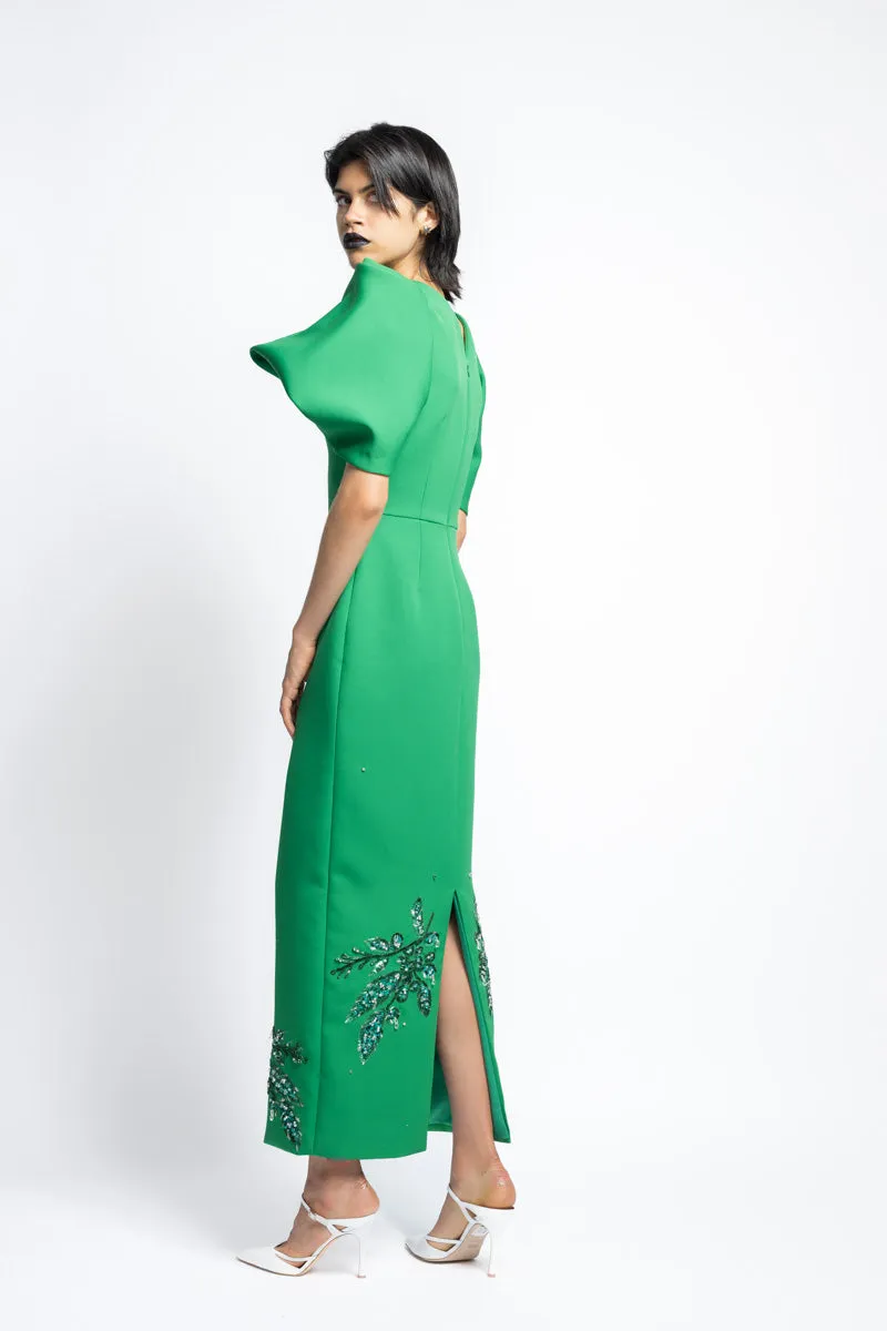 Cady Bay Leaf Sequin Embroidery Cocktail Dress With Draped Petal Sleeves