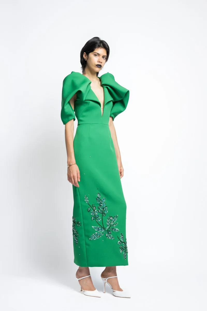 Cady Bay Leaf Sequin Embroidery Cocktail Dress With Draped Petal Sleeves