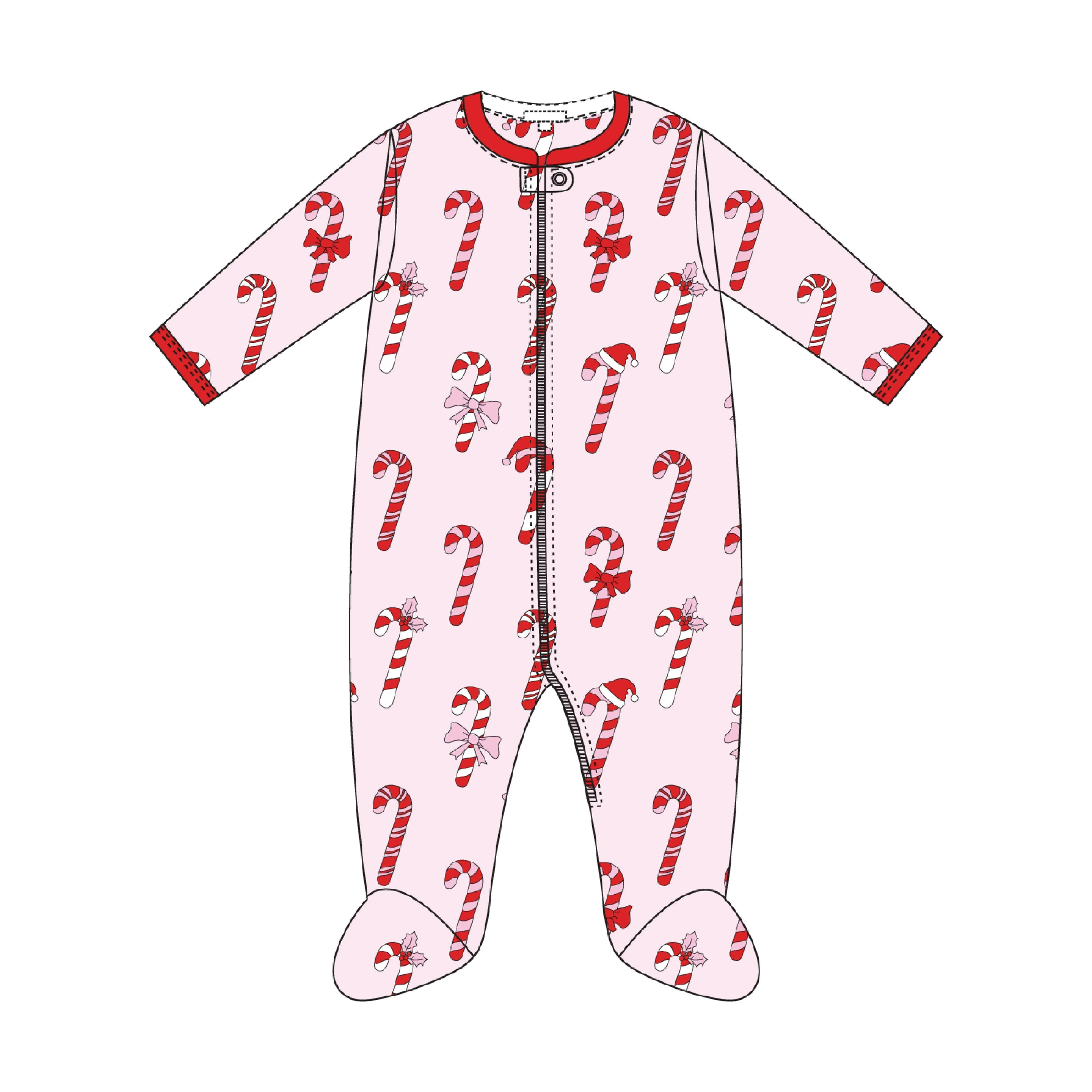 Candy Canes Zipper Footie in Pink